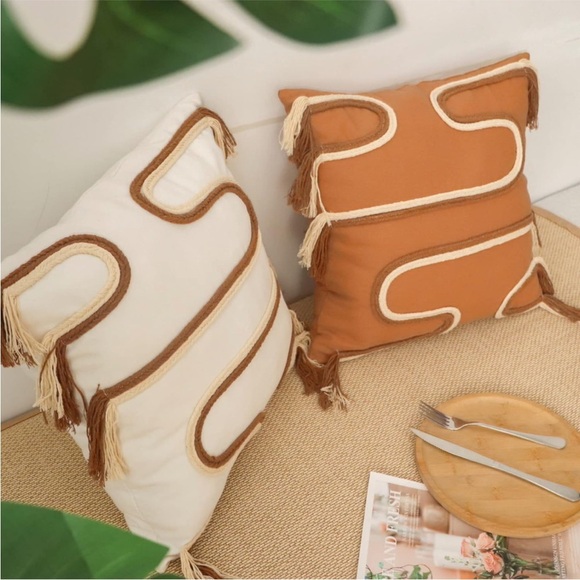 Braided Mid Century Cream Pillow Case Fringed Neutral Textured Boho Farmhouse - Picture 7 of 8